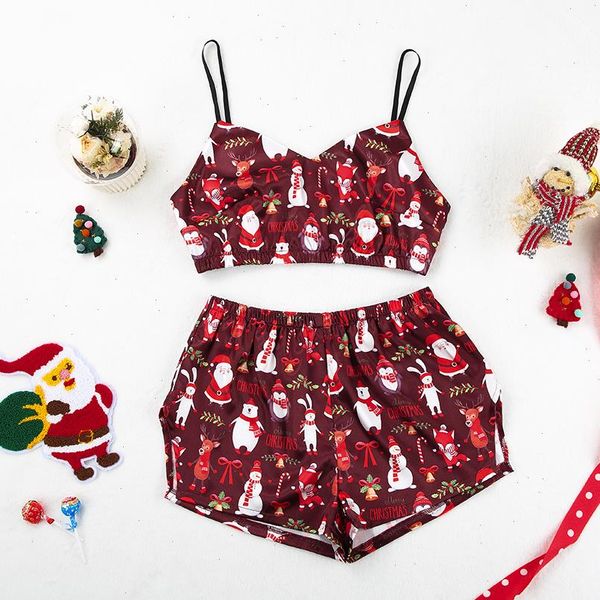 cartoon pattern christmas pajamas satin womens sleepwears two piece set langerie v neck camis split shorts home suit, Black;red
cartoon pattern christmas pajamas satin womens sleepwears two piece set langerie v neck camis split shorts home suit, Black;red