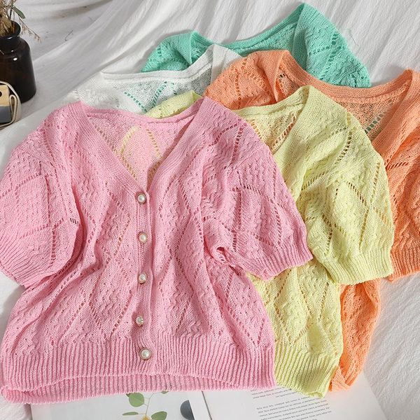 women's knits & tees sweet solid hollowed out knit shirt summer fashion single breasted v-neck slim korean cardigan thin sunscreen crop, White
women's knits & tees sweet solid hollowed out knit shirt summer fashion single breasted v-neck slim korean cardigan thin sunscreen crop, White