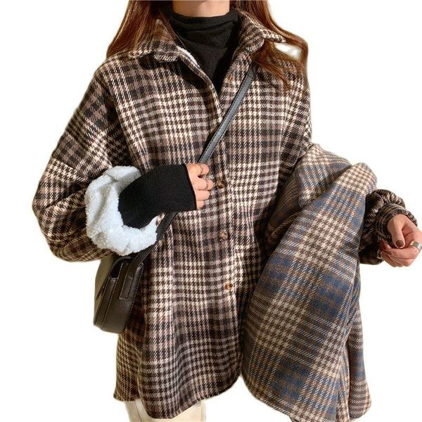 women's wool & blends plaid woolen coat korean style spring autumn casual plus velvet blended shirt jacket female outerwear loose, Black
women's wool & blends plaid woolen coat korean style spring autumn casual plus velvet blended shirt jacket female outerwear loose, Black
