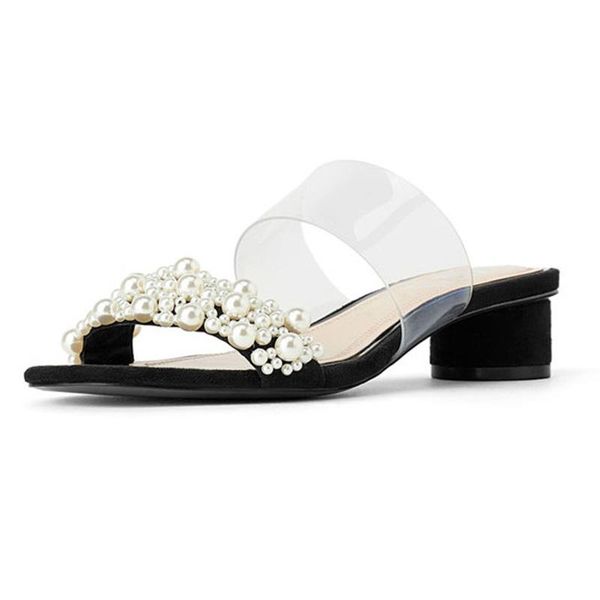 women's slides fashion peal string bead decoration thick med heel transparent pvc belt lady sandals female shoes slippers, Black
women's slides fashion peal string bead decoration thick med heel transparent pvc belt lady sandals female shoes slippers, Black