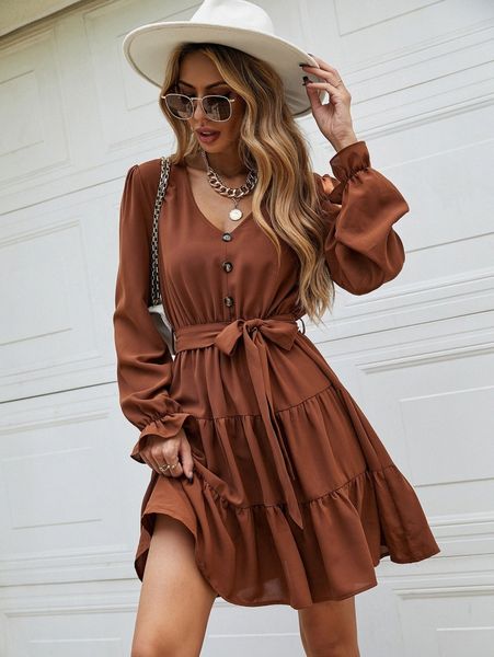 flounce sleeve ruffle hem belted dress e4ay#, Black;gray