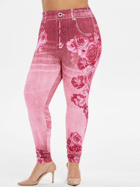 women's leggings plus size high waist floral print 3d jeggings, Black