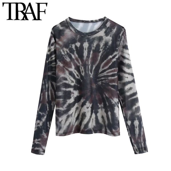 traf women fashion see through tie-dye print tulle blouses vintage o neck long sleeve female shirts chic 210415, White 
traf women fashion see through tie-dye print tulle blouses vintage o neck long sleeve female shirts chic 210415, White