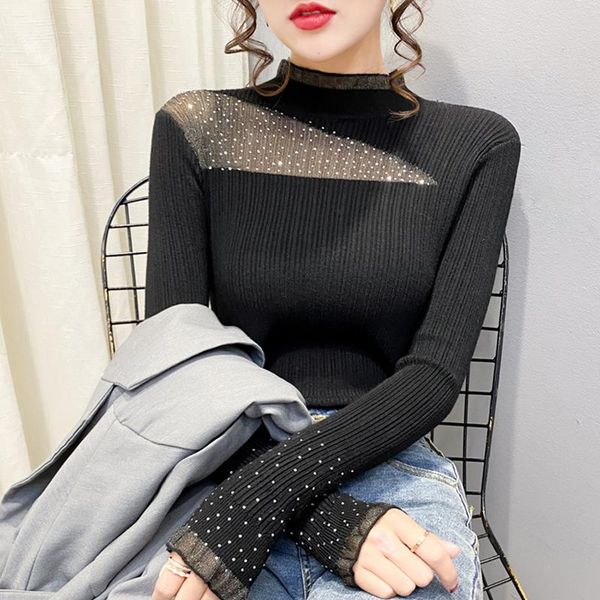 women's sweaters autumn winter women patchwork mesh knitted sweater diamond long-sleeve pullover bottoming shirt, White;black
women's sweaters autumn winter women patchwork mesh knitted sweater diamond long-sleeve pullover bottoming shirt, White;black