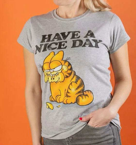 official women's garfield have a nice day grey marl fitted t-shirt, White;black
official women's garfield have a nice day grey marl fitted t-shirt, White;black