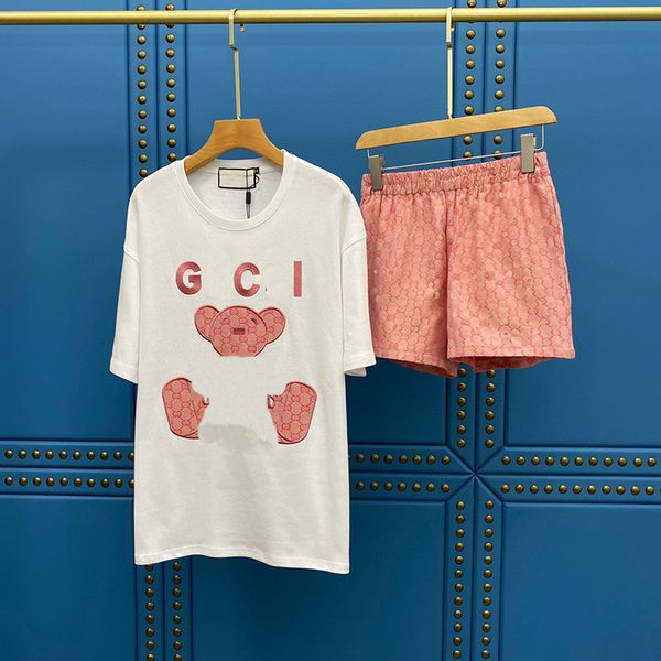luxury design correct version summer bear embroidery double g letter jacquard pink shorts women's age reduction two piece set, White
luxury design correct version summer bear embroidery double g letter jacquard pink shorts women's age reduction two piece set, White