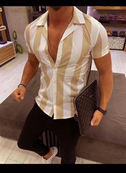 men's casual shirts 2021 shirt short-sleeved striped color matching slim men, White;black
men's casual shirts 2021 shirt short-sleeved striped color matching slim men, White;black
