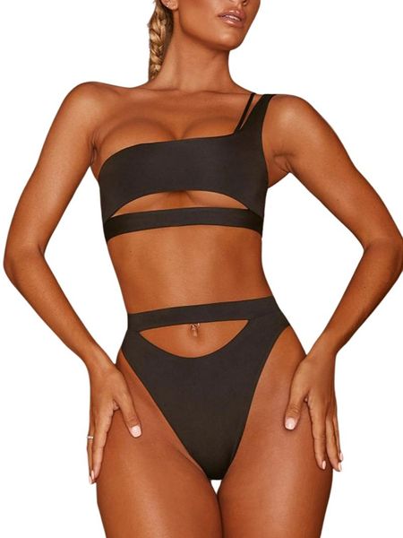 women split swimsuit set, solid color hollow out low-cut padded bikini + high waist panties for summer women's swimwear, White;black
women split swimsuit set, solid color hollow out low-cut padded bikini + high waist panties for summer women's swimwear, White;black