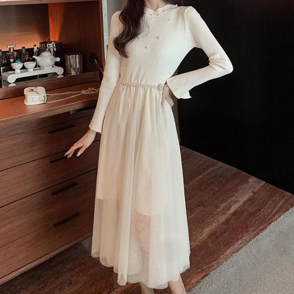 casual dresses 2021 autumn winter chic slim mesh patchwork knitted bottomed maxi dress belt beading long sleeve sweater party vestido, Black;gray
casual dresses 2021 autumn winter chic slim mesh patchwork knitted bottomed maxi dress belt beading long sleeve sweater party vestido, Black;gray