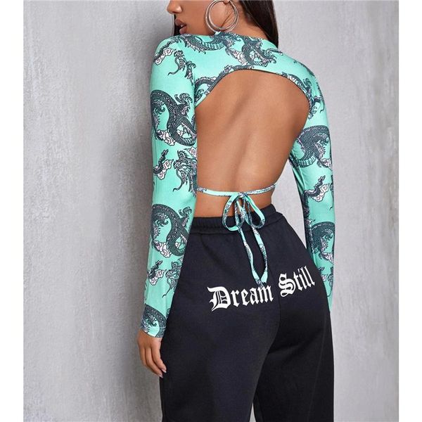 women's t-shirt 2021 fashion women long sleeve dragon print crop stylish backless lace-up t shirt for ladies green/black, White
women's t-shirt 2021 fashion women long sleeve dragon print crop stylish backless lace-up t shirt for ladies green/black, White