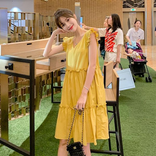 1811# maternity clothes summer v neck cotton sleeveless plain color loose stylish dress pregnant women mom dresses, White 
1811# maternity clothes summer v neck cotton sleeveless plain color loose stylish dress pregnant women mom dresses, White