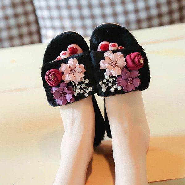 women's cotton slippers flat bottomed antiskid thermal cow's tendon bottom flower wool shoes, Black
women's cotton slippers flat bottomed antiskid thermal cow's tendon bottom flower wool shoes, Black