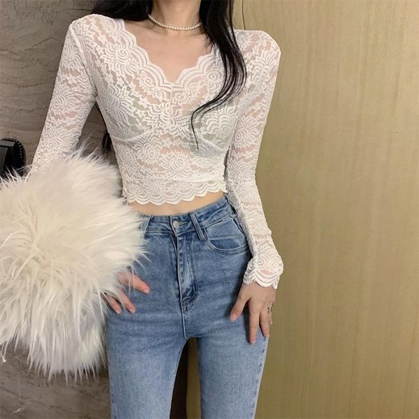 women's t-shirt 2021 autumn woman tshirts lace v-neck hollow out mesh long sleeve crop korean fashion ins aesthetic solid skinny tee, White
women's t-shirt 2021 autumn woman tshirts lace v-neck hollow out mesh long sleeve crop korean fashion ins aesthetic solid skinny tee, White