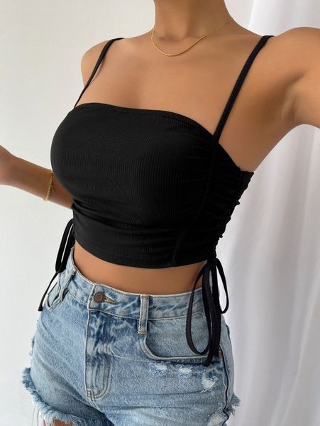 solid drawstring crop cami b5wr#, White
solid drawstring crop cami b5wr#, White