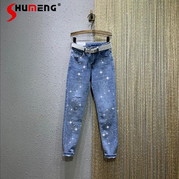 spring and summer european rhinestone high waist stretch slim skinny denim pants women's elastic jeans, Blue
spring and summer european rhinestone high waist stretch slim skinny denim pants women's elastic jeans, Blue