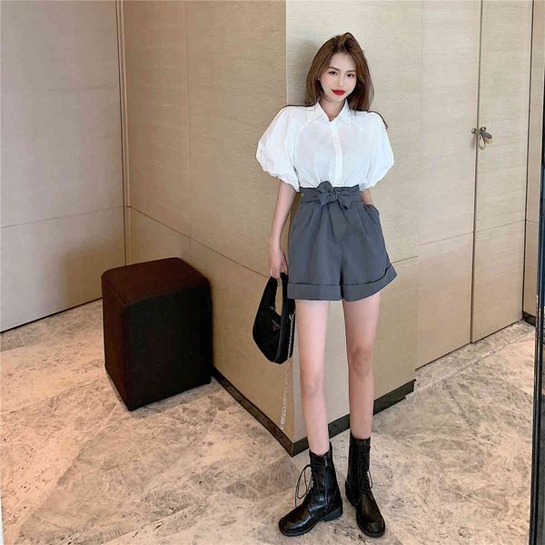 women's two piece pants 2021 summer new office suit bubble sleeve shirt lapel short design wide leg shorts with belt 728d, White
women's two piece pants 2021 summer new office suit bubble sleeve shirt lapel short design wide leg shorts with belt 728d, White