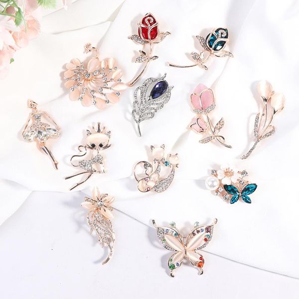 pins, brooches opal stone flower brooch pin garment accessories birthday gift for women rhinestone, Gray