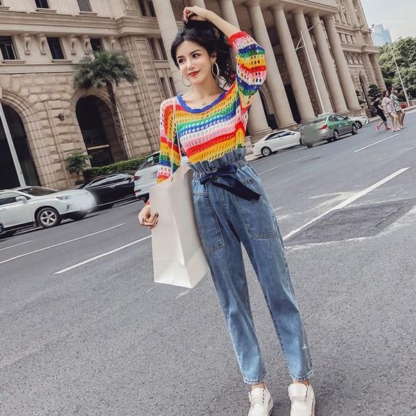 women's two piece pants 2 outfits for women 2021 autumn loose openwork rainbow striped long-sleeved sweater + high waist jeans, White
women's two piece pants 2 outfits for women 2021 autumn loose openwork rainbow striped long-sleeved sweater + high waist jeans, White