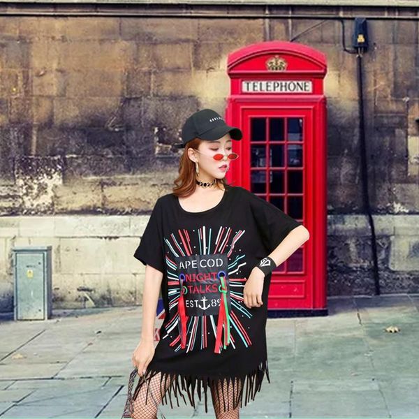 women's t-shirt women punk patches spliced long tees summer large size tassels short sleeve o-neck printed batwing pullovers, White
women's t-shirt women punk patches spliced long tees summer large size tassels short sleeve o-neck printed batwing pullovers, White