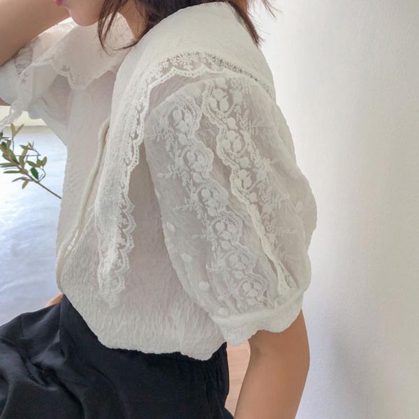 women's blouses & shirts korean kawaii petter pan collar vintage and wrinkle purple short sleeve japan office retro blouse summer, White
women's blouses & shirts korean kawaii petter pan collar vintage and wrinkle purple short sleeve japan office retro blouse summer, White