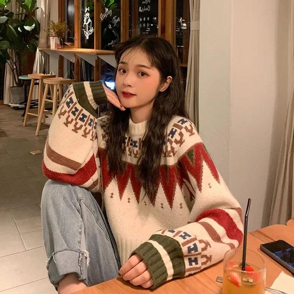 women's sweaters contrasting retro short loose sweater round neck outer wear autumn winter all-match hedging long-sleeved knitted top, White;black
women's sweaters contrasting retro short loose sweater round neck outer wear autumn winter all-match hedging long-sleeved knitted top, White;black