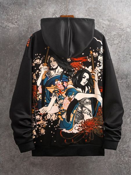 men figure & floral print kangaroo pocket drop shoulder drawstring hoodie b9h4#, Black
men figure & floral print kangaroo pocket drop shoulder drawstring hoodie b9h4#, Black