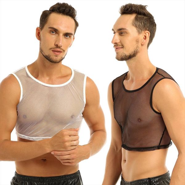 men summer sheer mesh tank club see through fishnet slim fit male gym muscle crop costumes, White;black
men summer sheer mesh tank club see through fishnet slim fit male gym muscle crop costumes, White;black