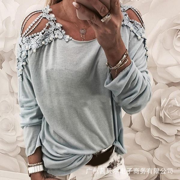 women's t-shirt 2021 fashion lace decoration long-sleeved casual women, White
women's t-shirt 2021 fashion lace decoration long-sleeved casual women, White