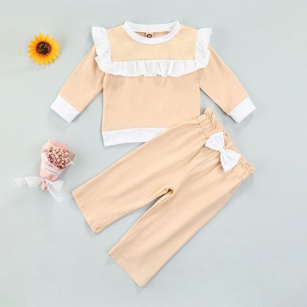 clothing sets spring kids girls casual clothes sets, patchwork long sleeve round collar ruffle pullover + high waist bow-knot trousers, White
clothing sets spring kids girls casual clothes sets, patchwork long sleeve round collar ruffle pullover + high waist bow-knot trousers, White