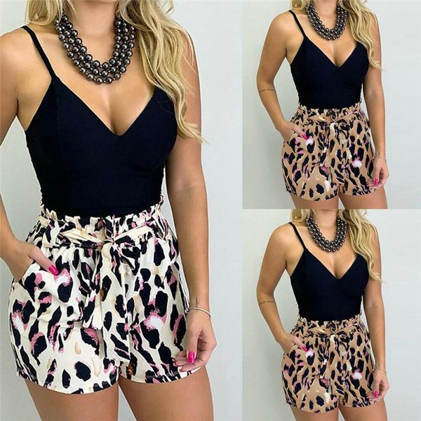 women's shorts womens leopard print elastic waist lace up loose mid bow tie, White;black
women's shorts womens leopard print elastic waist lace up loose mid bow tie, White;black