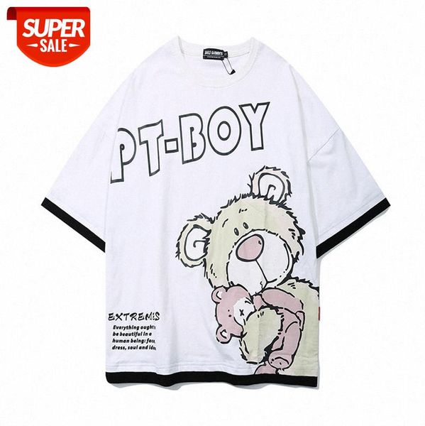 american high street loose print t-shirt bear cartoon color matching fake two-piece short-sleeved tee men and women #hn08, White;black
american high street loose print t-shirt bear cartoon color matching fake two-piece short-sleeved tee men and women #hn08, White;black
