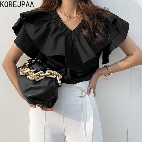 korejpaa women shirt summer korean chic temperament v-neck ruffle stitching loose casual solid color flared sleeve blouses 210526, White
korejpaa women shirt summer korean chic temperament v-neck ruffle stitching loose casual solid color flared sleeve blouses 210526, White