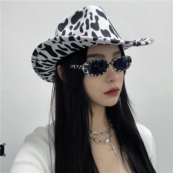 wide brim hats korean style harajuku retro sunscreen patterned cow's feminine hat, Blue;gray