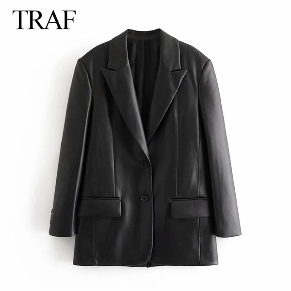 traf za women's fashion pu faux leather loose blazer coat vintage pockets long sleeve back vents female outerwear chic 211110, Black
traf za women's fashion pu faux leather loose blazer coat vintage pockets long sleeve back vents female outerwear chic 211110, Black