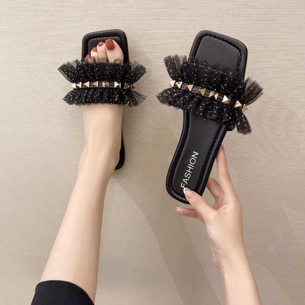 slippers 21summer women flats luxury shoes rivets female casual green beach outdoor flip flops leather zapatillas mujer casa, Black 
slippers 21summer women flats luxury shoes rivets female casual green beach outdoor flip flops leather zapatillas mujer casa, Black