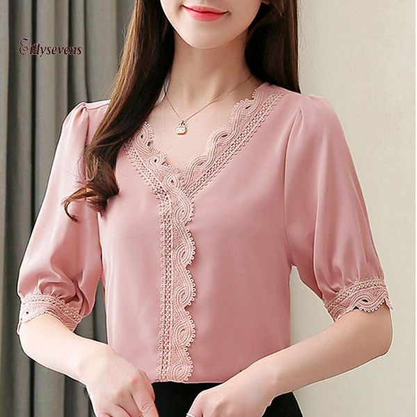women's blouses & shirts summer women fashion lace chiffon casual solid short sleeve v-neck blouse blusas y camisas, White
women's blouses & shirts summer women fashion lace chiffon casual solid short sleeve v-neck blouse blusas y camisas, White