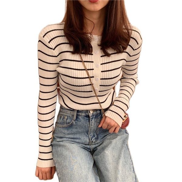 women t-shirts elegant stripes knitted tees buttoned up long sleeve slim for sweater autumn 210518, White
women t-shirts elegant stripes knitted tees buttoned up long sleeve slim for sweater autumn 210518, White