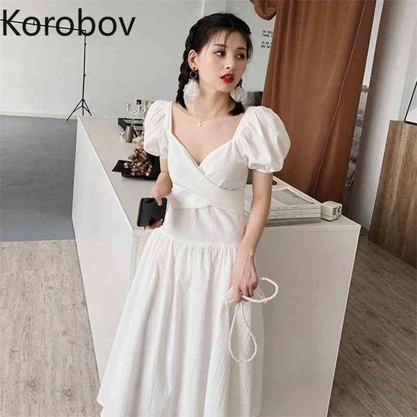 korobov vintage elegant puff sleeve women dress summer beach style white sweet dresses new chic a-line korean vestidos 210430, Black;gray
korobov vintage elegant puff sleeve women dress summer beach style white sweet dresses new chic a-line korean vestidos 210430, Black;gray