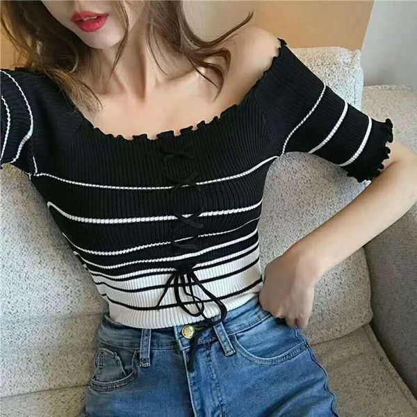 women's t-shirt women short sleeve knitted ruffles slash neck striped tee shirt rk, White
women's t-shirt women short sleeve knitted ruffles slash neck striped tee shirt rk, White