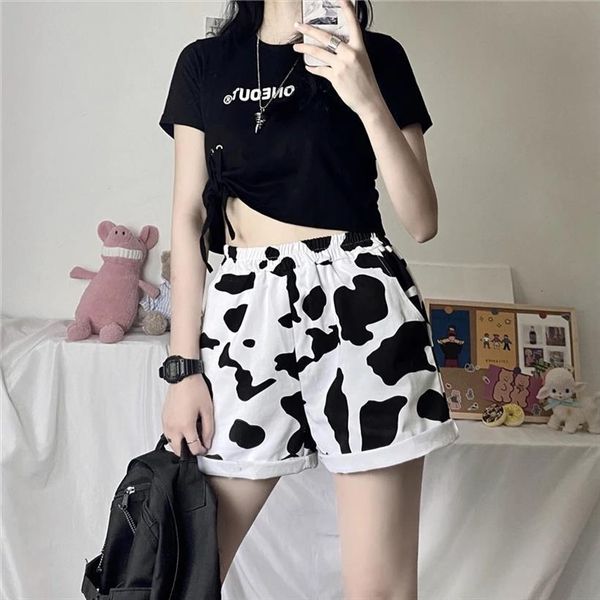 cow print casual girls womens shorts elastic waist black and white color matching summer cotton fashion, White;black
cow print casual girls womens shorts elastic waist black and white color matching summer cotton fashion, White;black
