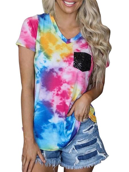 women's t-shirt women tie dye v-neck floral printed mixed color short sleeve casual polyester spandex, White
women's t-shirt women tie dye v-neck floral printed mixed color short sleeve casual polyester spandex, White