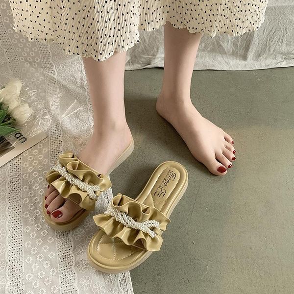 slippers women summer elegant fashion pearl string bead leather ruffles platform flat open toe outdoor beach slides ladies shoes, Black 
slippers women summer elegant fashion pearl string bead leather ruffles platform flat open toe outdoor beach slides ladies shoes, Black