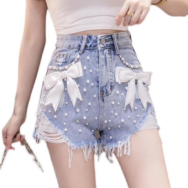 women's shorts rhinestone bow bead pearls tassel ripped hole bandage high waist denim short jeans pant women luxury plus size bottom, White;black
women's shorts rhinestone bow bead pearls tassel ripped hole bandage high waist denim short jeans pant women luxury plus size bottom, White;black