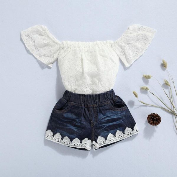 clothing sets 2 pcs baby girls summer outfits, off-shoulder floral lace boat neck short sleeve romper + solid color jeans with pockets, White
clothing sets 2 pcs baby girls summer outfits, off-shoulder floral lace boat neck short sleeve romper + solid color jeans with pockets, White