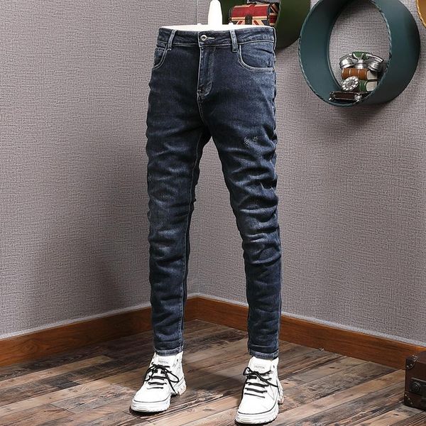 men's jeans ly designer fashion men elastic slim fit vintage korean style casual cotton denim pencil pants, Blue
men's jeans ly designer fashion men elastic slim fit vintage korean style casual cotton denim pencil pants, Blue