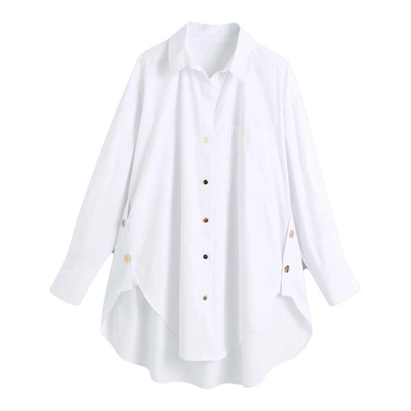 women long blouse 97% cotton golden button asymmetric hem sleeves shirt fashion shirts femme mujer 210420, White
women long blouse 97% cotton golden button asymmetric hem sleeves shirt fashion shirts femme mujer 210420, White