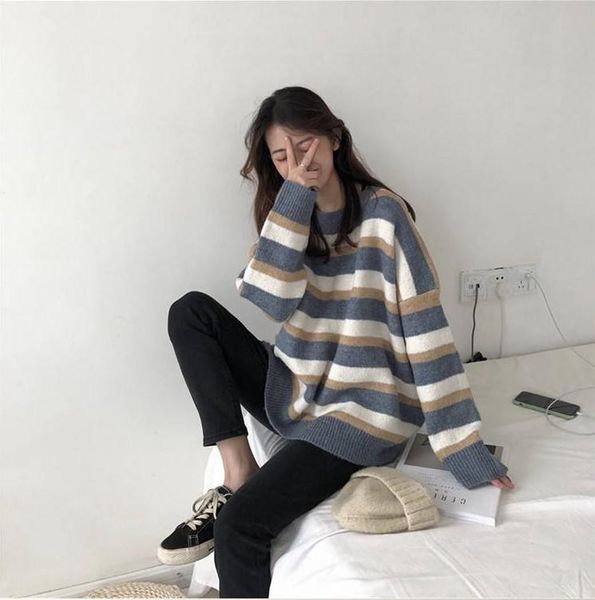 women's sweaters style for autumn and winter lazy wind hit color stripes sweater female students korean loose all-match slim bottoming, White;black
women's sweaters style for autumn and winter lazy wind hit color stripes sweater female students korean loose all-match slim bottoming, White;black
