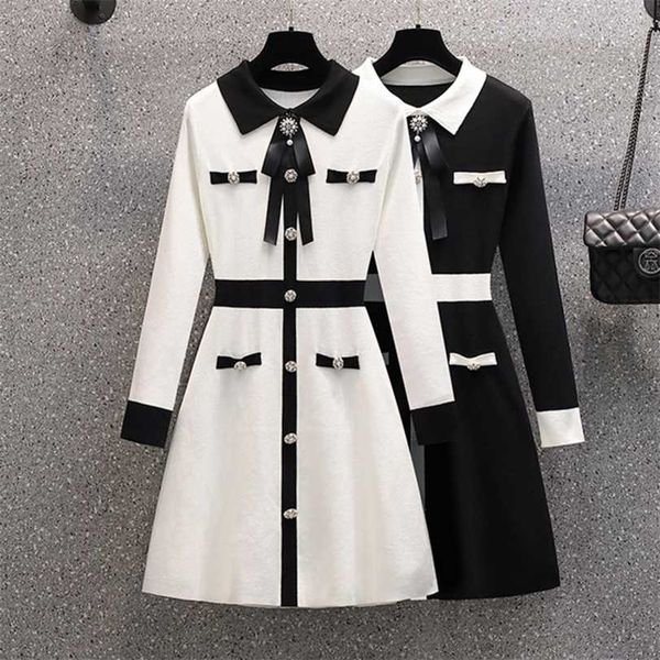 small fragrance fall winter knitted sweater dres bow tie buttons vintage party mini elegant casual chic robe femme 211220, Black;gray
small fragrance fall winter knitted sweater dres bow tie buttons vintage party mini elegant casual chic robe femme 211220, Black;gray