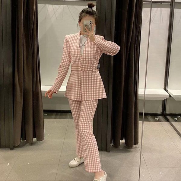 women's two piece pants pink plaid pant suits women autumn lace-up blazer flared high waist slim casual trousers sweet girl outfits, White
women's two piece pants pink plaid pant suits women autumn lace-up blazer flared high waist slim casual trousers sweet girl outfits, White