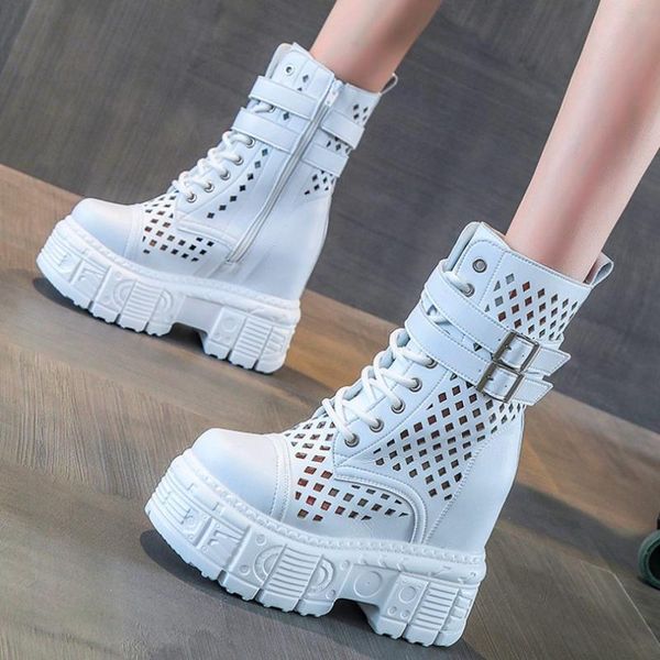military punk goth women's genuine leather ankle boots strap buckle cutout platform wedge high heel sandals creepers, Black
military punk goth women's genuine leather ankle boots strap buckle cutout platform wedge high heel sandals creepers, Black
